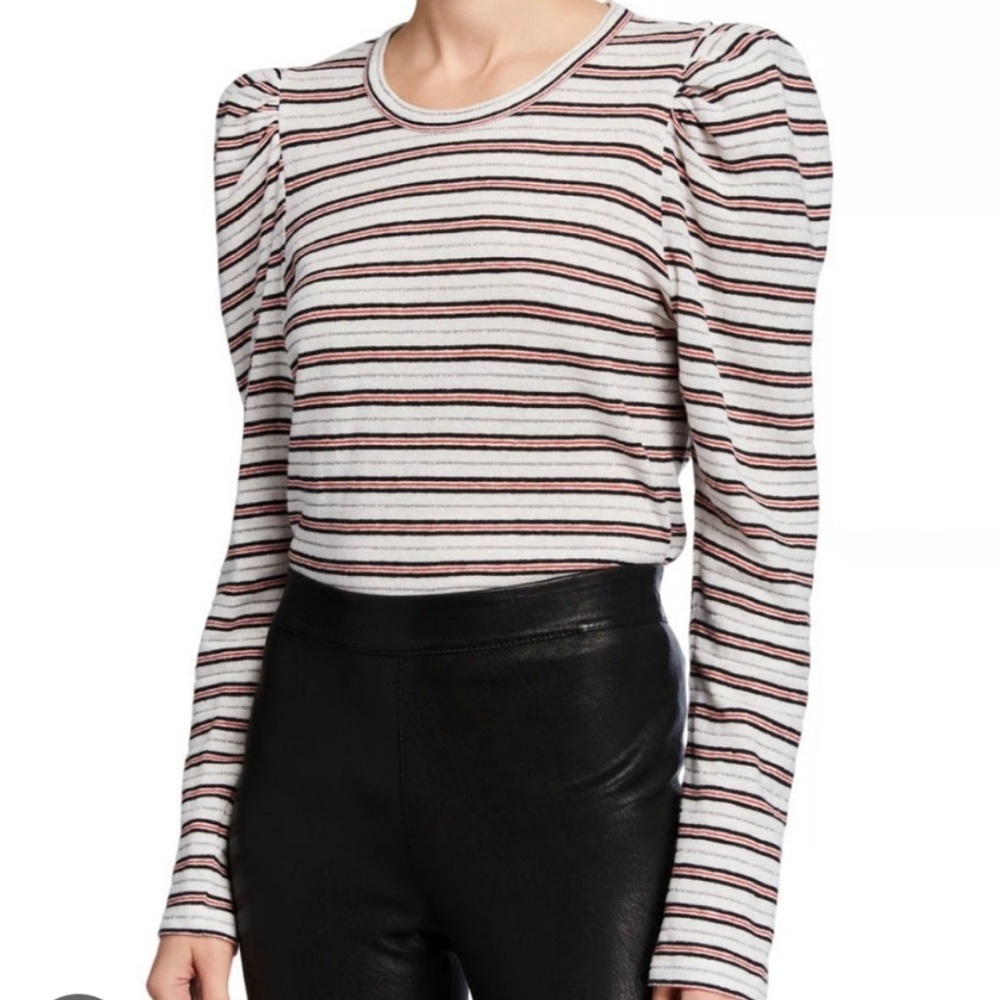Derek Lam 10 Crosby Amara Striped Long Sleeve Puff Shoulder Tee Cotton Linen XS